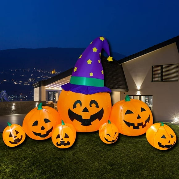 Inflatable Halloween Decorations,8.2 FT Inflatable 7 Pumpkins Wearing Witch Hats Outdoor Halloween Blow Up Yard Decorations Internal LED Lights Halloween Holiday Decorations Home Garden