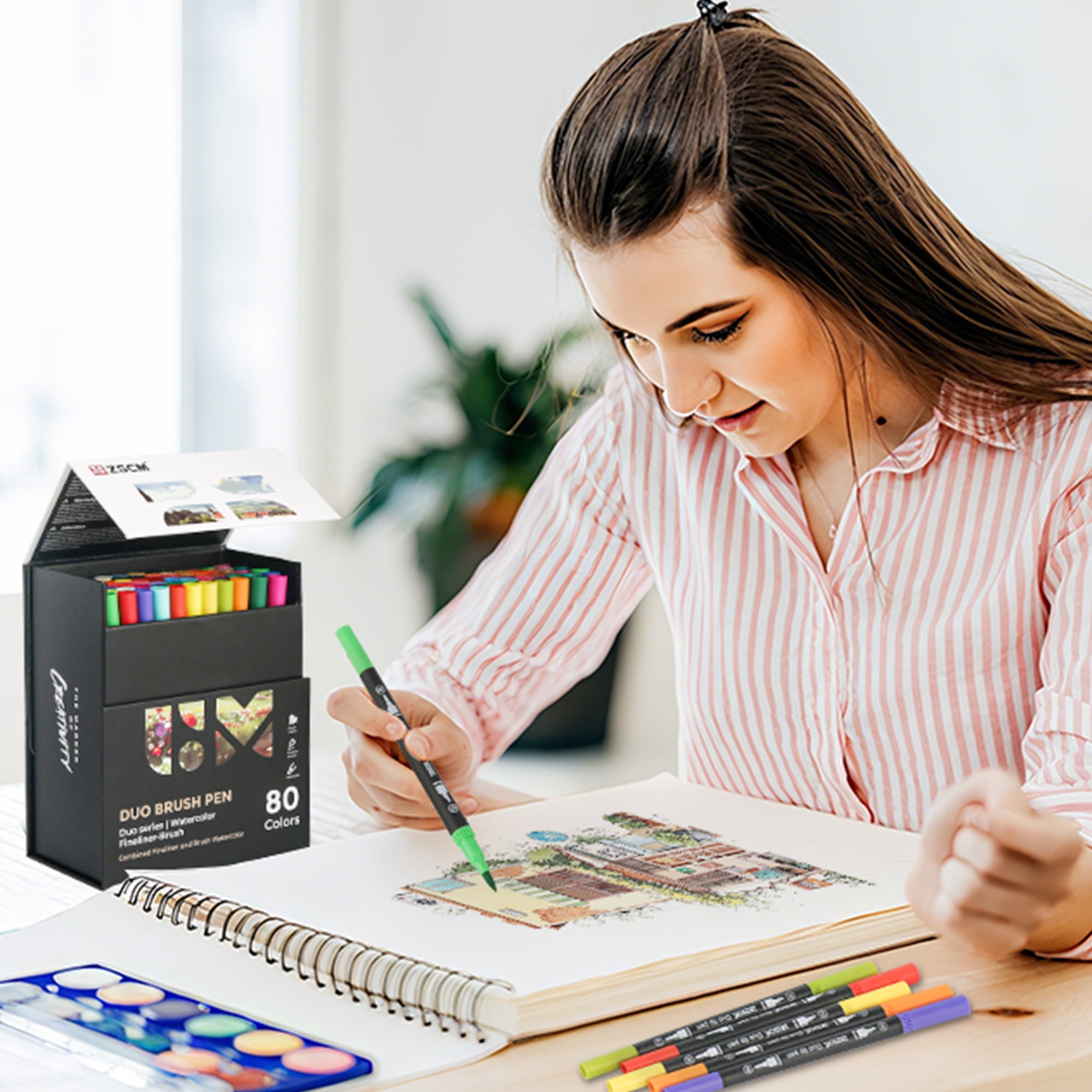 ZSCM 100 Colors Duo Tip Brush Markers Art Pen Set, Artist Fine and