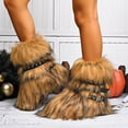 thumbnail image 3 of Rokment Womens Fuzzy Faux-Fur Mid Calf Winter Snow Boots with No Heel Fashion Punk Buckles Strappy Furry Plush Short Dress Booties Brown Size 9, 3 of 6