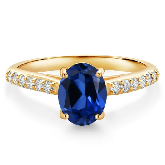 Gem Stone King 10K Yellow Gold Blue Created Sapphire and White Lab Grown Diamond Engagement Ring for Women (1.78 Cttw, Oval 8X6MM, Gemstone September Birthstone, Size 5)
