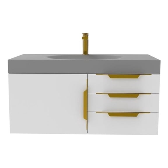 Thames 36" Soild Surface Stone Bathroom White Vanity Set - Gray Top In Gold