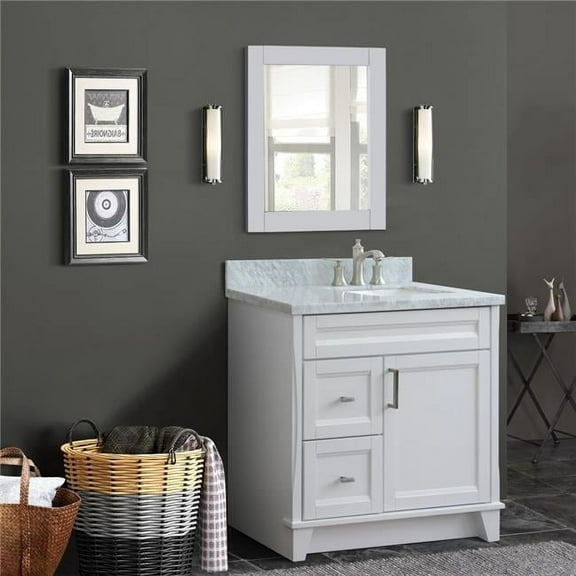 37 in. Single Sink Vanity with Carrara Marble & Left Rectangle Sink, White - Right Drawers