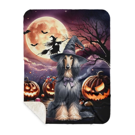 Spooky Halloween Night Witch Afghan Hound Glowing Pumpkins Cozy Sherpa Blanket Dog Lover Warm Soft Throw Blanket - 12015