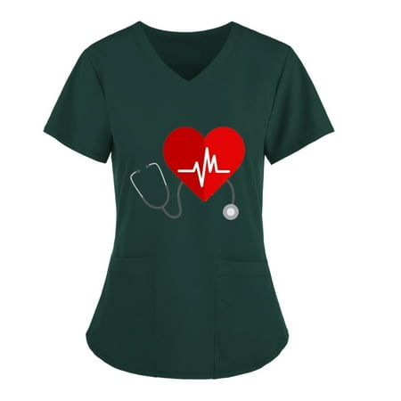 

Danhjin Womens Nursing Scrub Tops Printed Working Uniform Short Sleeve V-Neck Workwear Blouse T-shirt with Pockets Womens Scrubs - Summer Savings Clearance