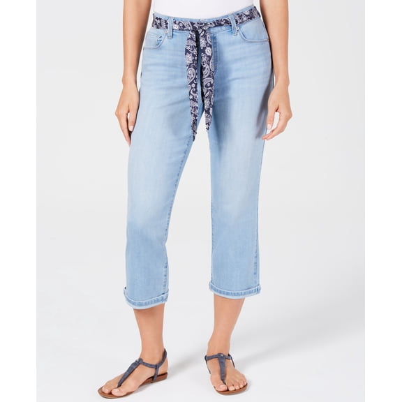 Style & Co Petite Scarf Belt Cuffed Capri Jeans Palace Light Wash 8P