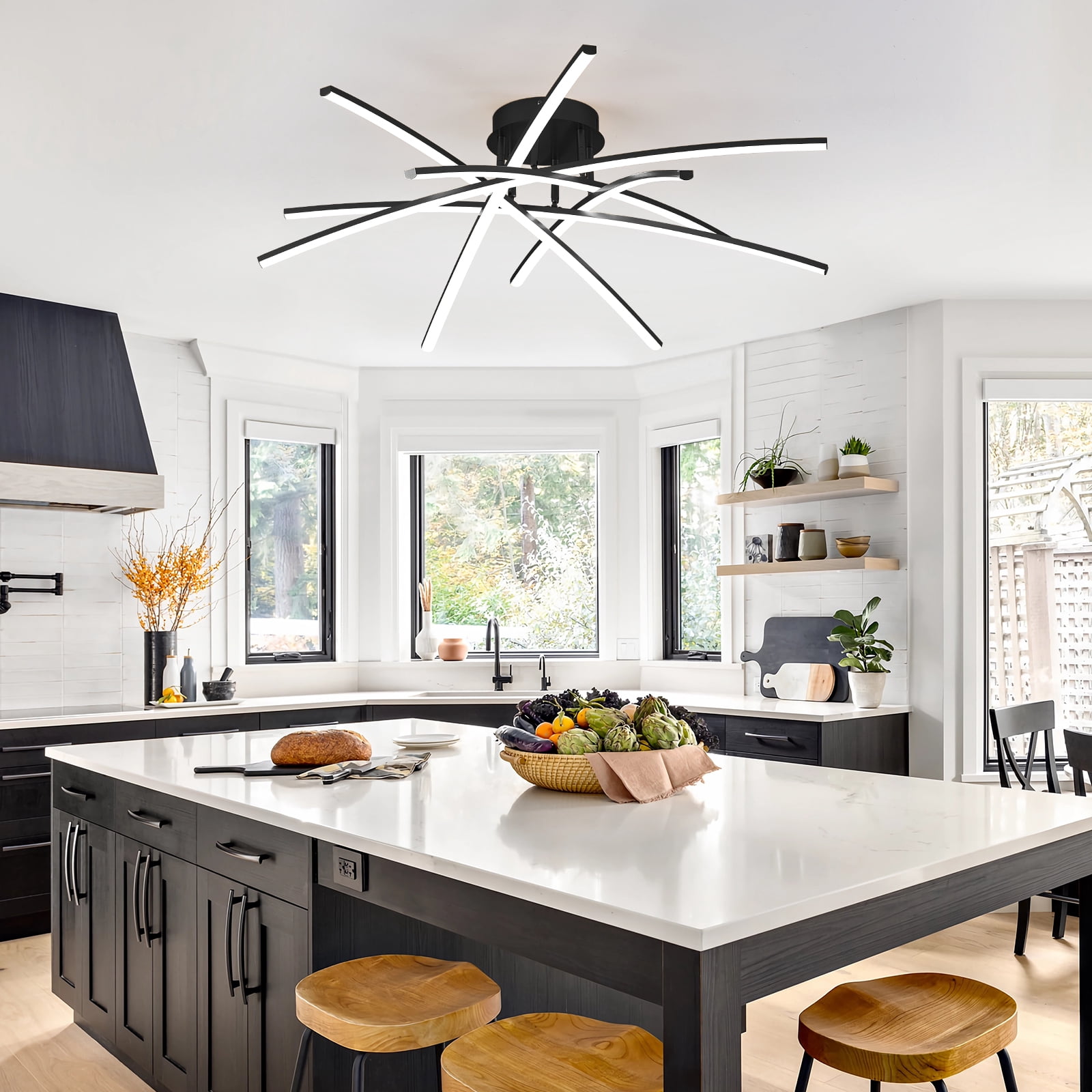 Black LED Chandelier Semi Flush Mount Ceiling Light, 65W Remote Control Ceiling Lighting Fixture for Living Room Dining Room Kitchen Bedroom 32.8” Close to Ceiling Light Dimmable 3000K-6000K