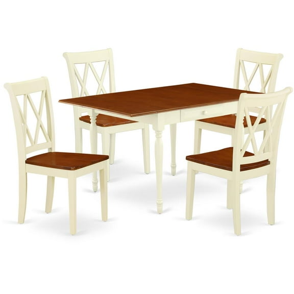 East West Furniture MZCL5-WHI-W 5Pc Dining Set Includes a Dinette Table and 4 Dining Chairs with Wooden Seat, Drop Leaf Table with Double X Back Chairs, Buttermilk and Cherry Finish