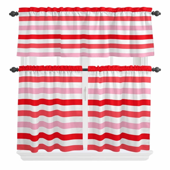 3 Piece Kitchen Curtains and Valances Set Red Pink Striped Cafe Curtains 24 Inch Length Farmhouse Stripes Simple Art Valance & Tier Curtain for Living Room Bedroom Small Window 54"x18" 27"x24"*2