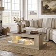 thumbnail image 2 of Hawsaiy Farmhouse Coffee Table with Storage Shelf & LED Light, 47" Rectangular Wood Coffee Table, 2-Tier Rustic Center Table for Living Room, Apartment, Office, Light Gray, 2 of 11