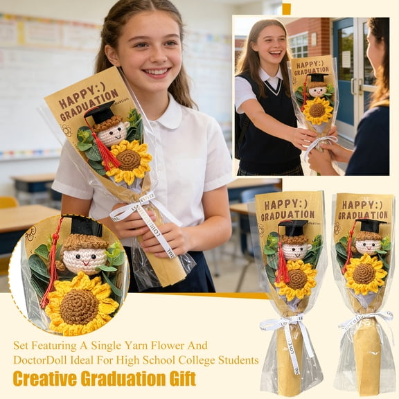 Clearance! Crochet Sunflower Doctor Bear Set - Handmade Yarn Bouquet, Cute Plushies for Graduation Gift, Stuffed Animal for Students & Teachers, Perfect Plush Figure