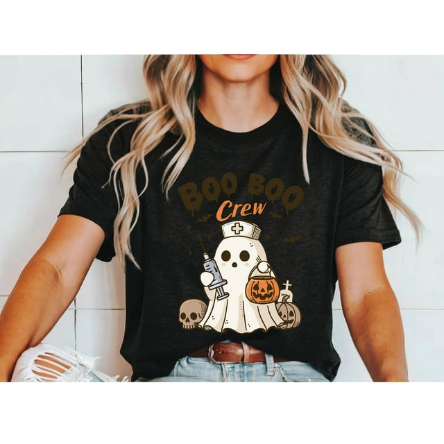 BAYCREWS Infirmière Halloween, Mignon Halloween, T-Shirt Fantôme, T-Shirt d'Halloween pour Femme, T-Shirt d'Automne, Fête d'Halloween, T-Shirt Saison Effrayante, Fantôme Rétro