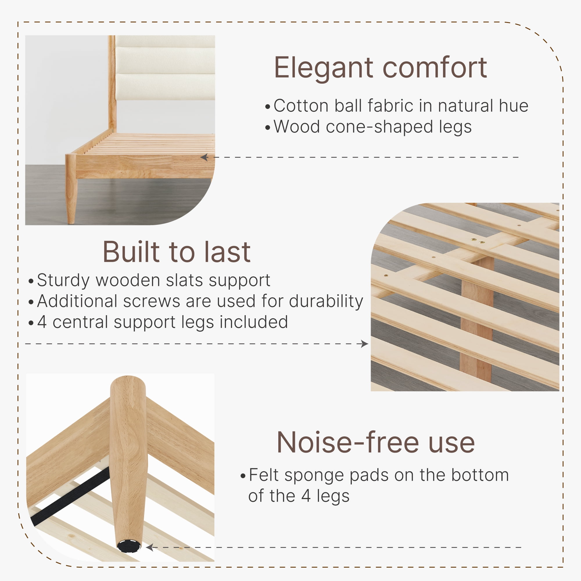 Spruce & Spring Farmhouse King Upholstered Bed Frame, Solid Rubberwood Frame, Cream Boucle Headboard, Noise-Free, No Box Spring Required, Walnut & Cream