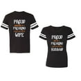 thumbnail image 1 of Proud Husband Freaking Wife Unisex Couple Matching Cotton Jersey style T-Shirt Contrasting stripes on sleeves (Men Black / Women Black) (Men S / Women S), 1 of 3