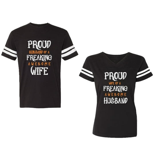Proud Husband Freaking Wife Unisex Couple Matching Cotton Jersey style T-Shirt Contrasting stripes on sleeves (Men Black / Women Black) (Men S / Women S)