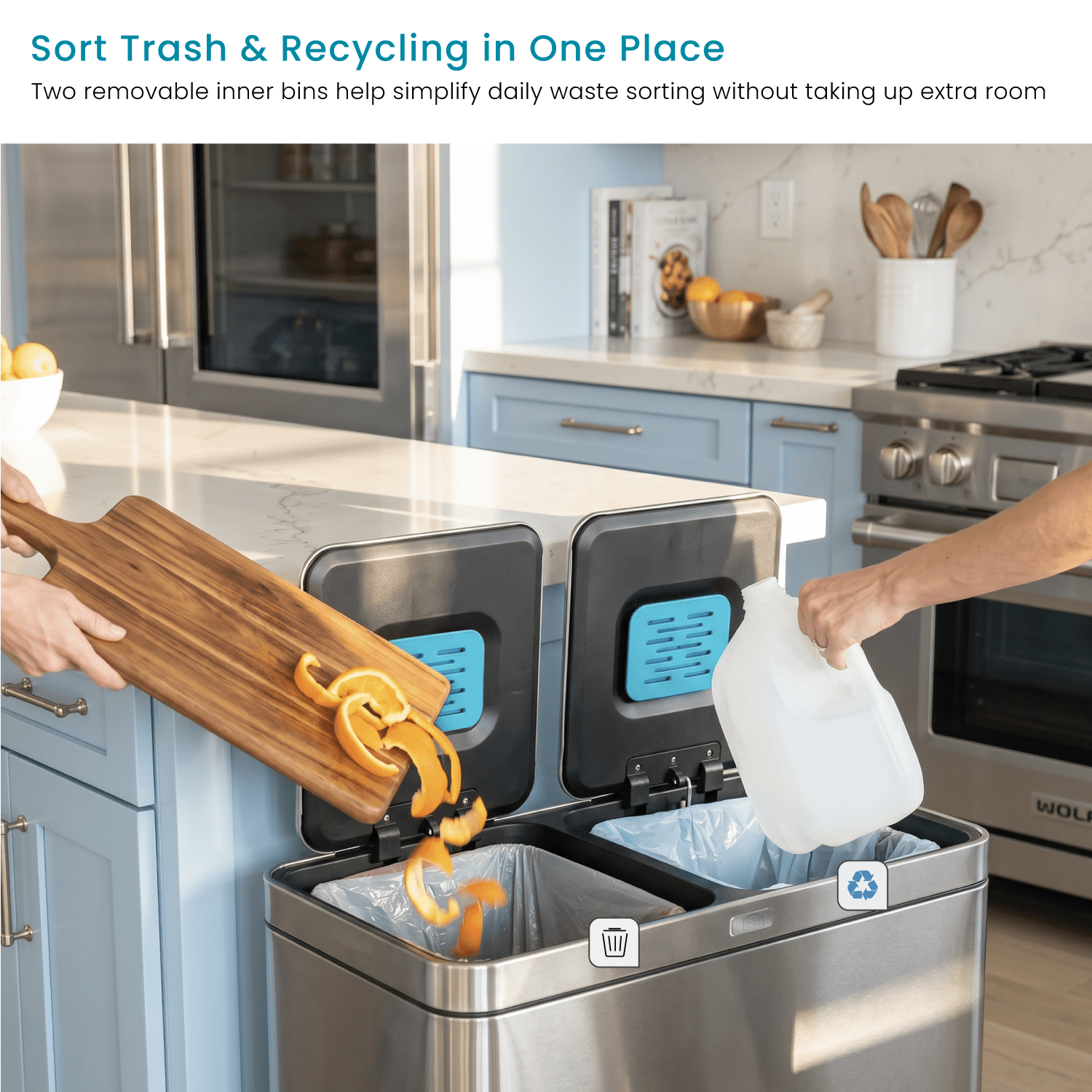 Home Zone Living 16 Gallon Kitchen Trash Can with CleanAura and Dual Compartments, Stainless Steel, Silver