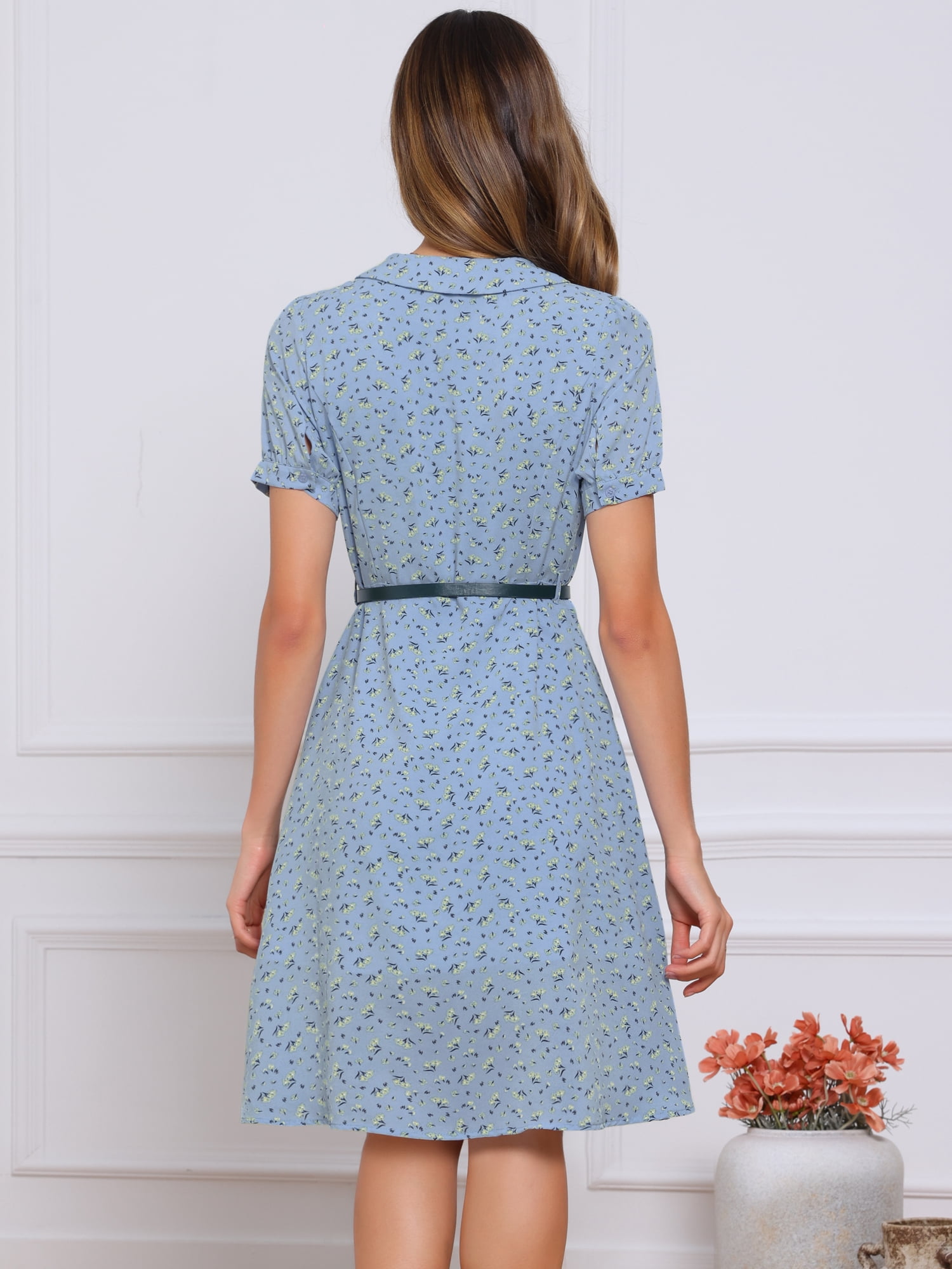 DARING DIVA Women's Tie Neck Short Sleeves A-Line Belted Floral Dress M Sky Blue