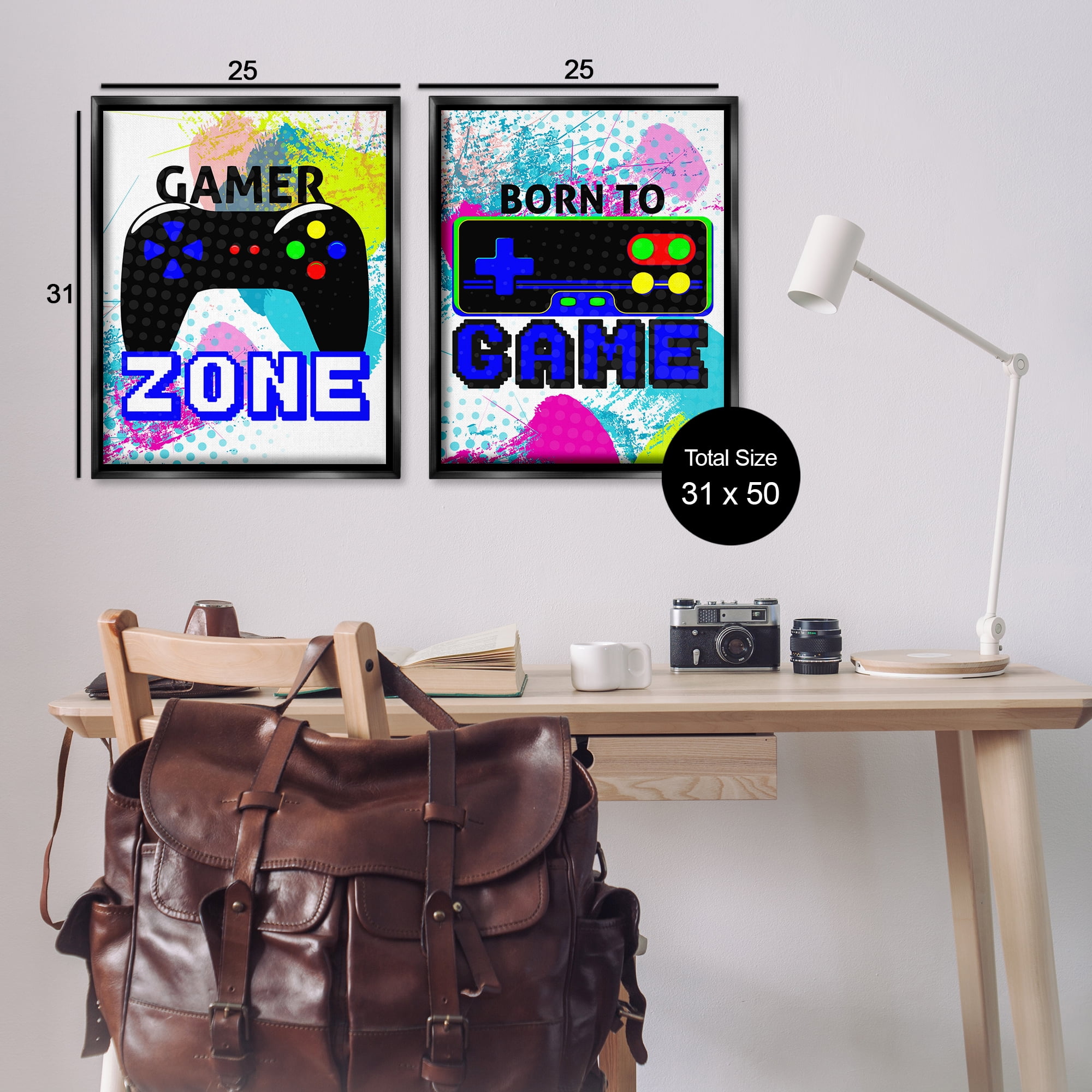 Stupell Industries Gamer Zone Splash Remote Entertainment Painting Black Floater Framed Canvas Art Print Wall Art, 31 x 25, Set of 2