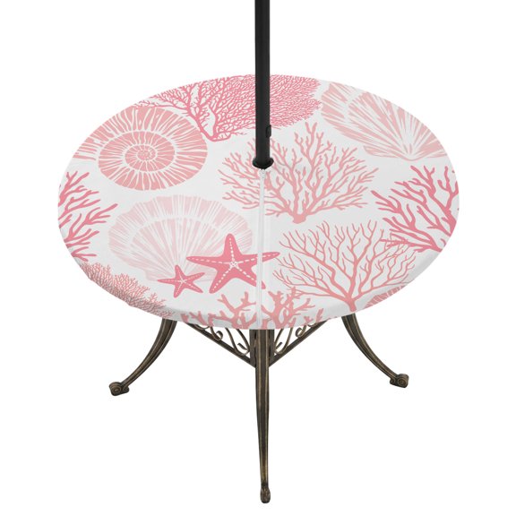 Round Outdoor Tablecloth with Umbrella Hole and Zipper, Coastal Pink Fitted Table Cover with Elastic Edge for 31-35 Inch, Ocean Coral Starfish Shell Modern Sea Waterproof Patio Tablecoths for Picnic