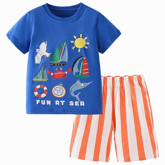 TOWED22 Infant Toddler Baby Boy Summer Outfits 2 Pieces Round Neck Short Sleeve Shirt Pocket Shorts Graphic Clothes(Blue,7-8 Y)