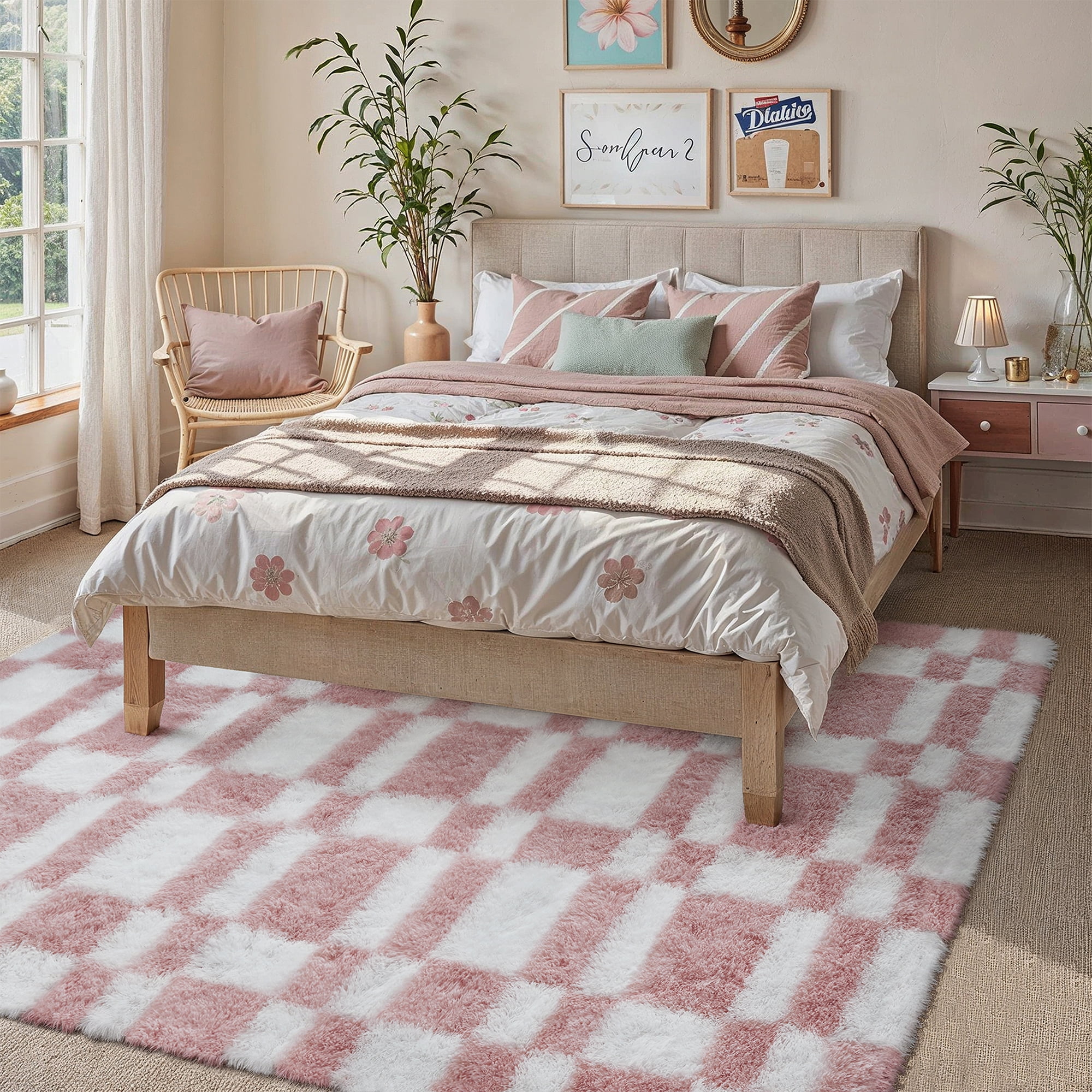 BERTHMEER 5'x7' Checkered Rug for Living Room, Modern Pink and White Checkerboard Shag Rug Non-Slip Area Rug Soft Indoor Fluffy Rugs for Bedroom Carpet Home Dorm Aesthetic Decor