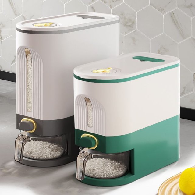Flmtop Rice Dispenser with Measuring Cup Large Capacity Clear Visible Airtight Flour Beans Cereal Grains Food Storage Container Kitchen Supplies