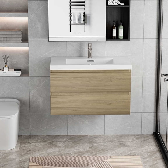 BARONAGE 36" Floating Bathroom Vanity with Sink, Modern Wall-Mounted Bathroom Storage Vanity Cabinet with Resin Top Basin and Soft Close Drawers, Natural Oak