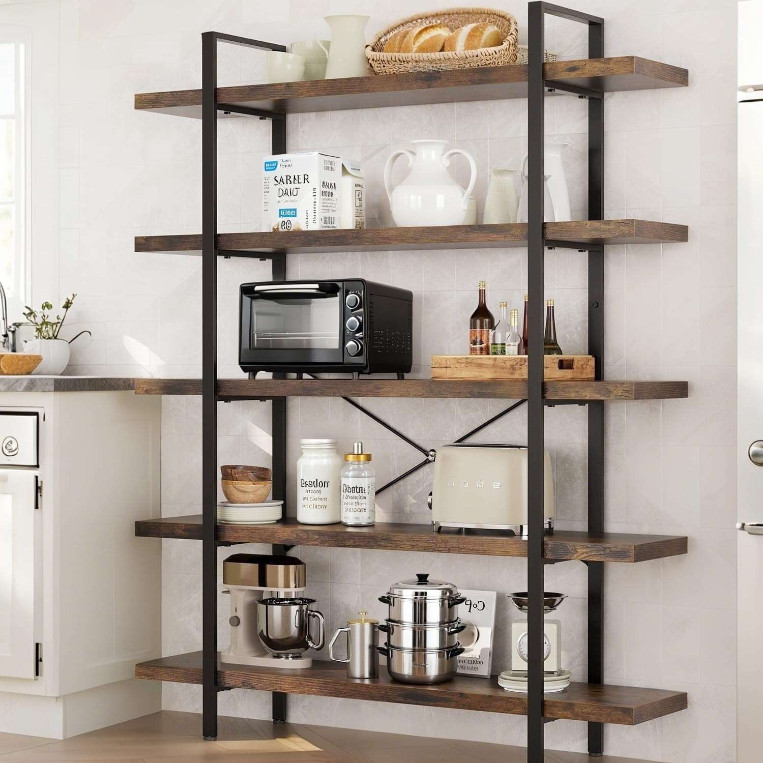 5-Tier Industrial Bookcase, 47 Inch Wide Wood Bookshelf, 120lbs Shelf Capacity, Rustic Open Shelving Heavy Duty Display with Reinforced Horizontal Brown Shelves for Living Room Bedroom Office