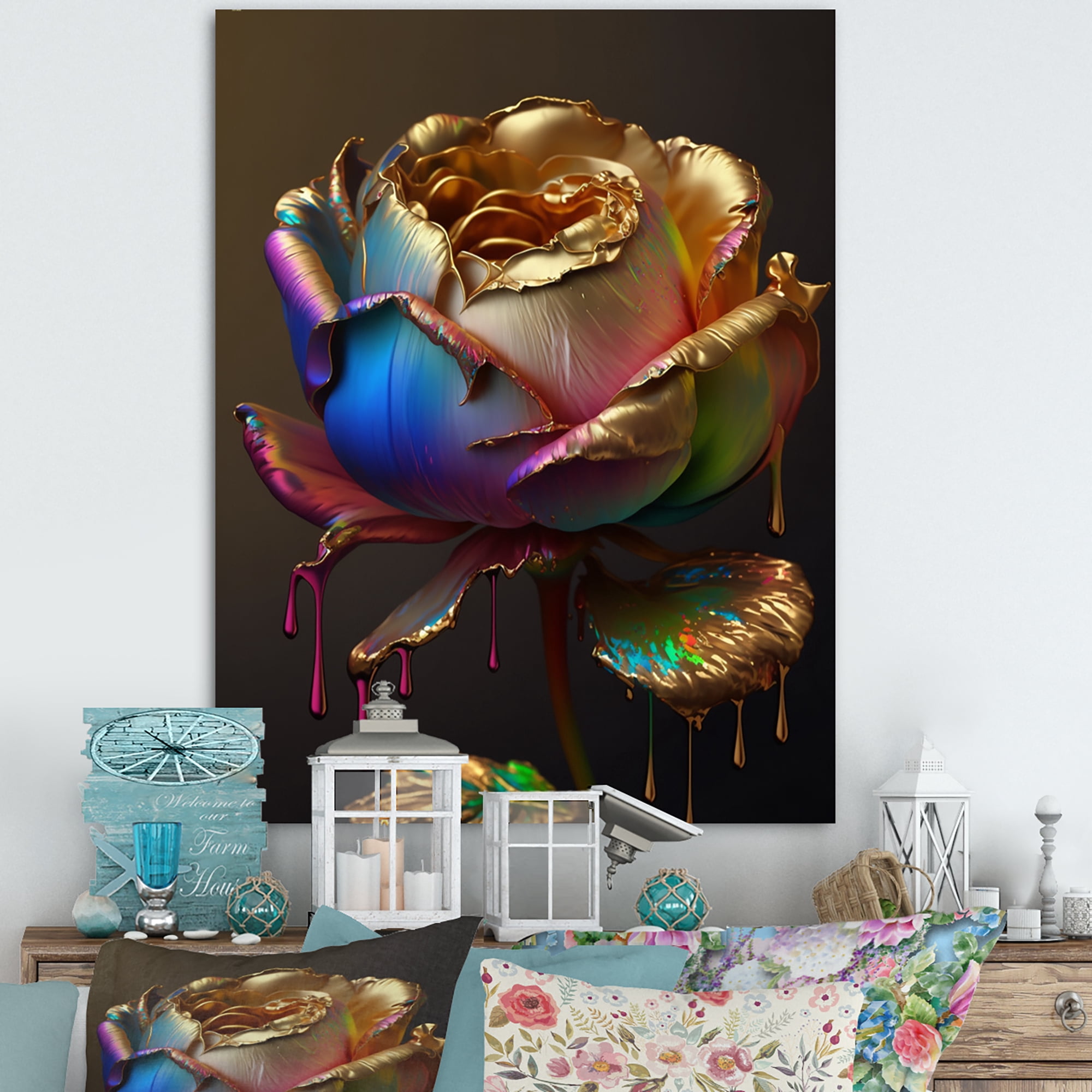 Designart Rainbow Peony Liquid Gold Drips Hyper IV Canvas Wall Art