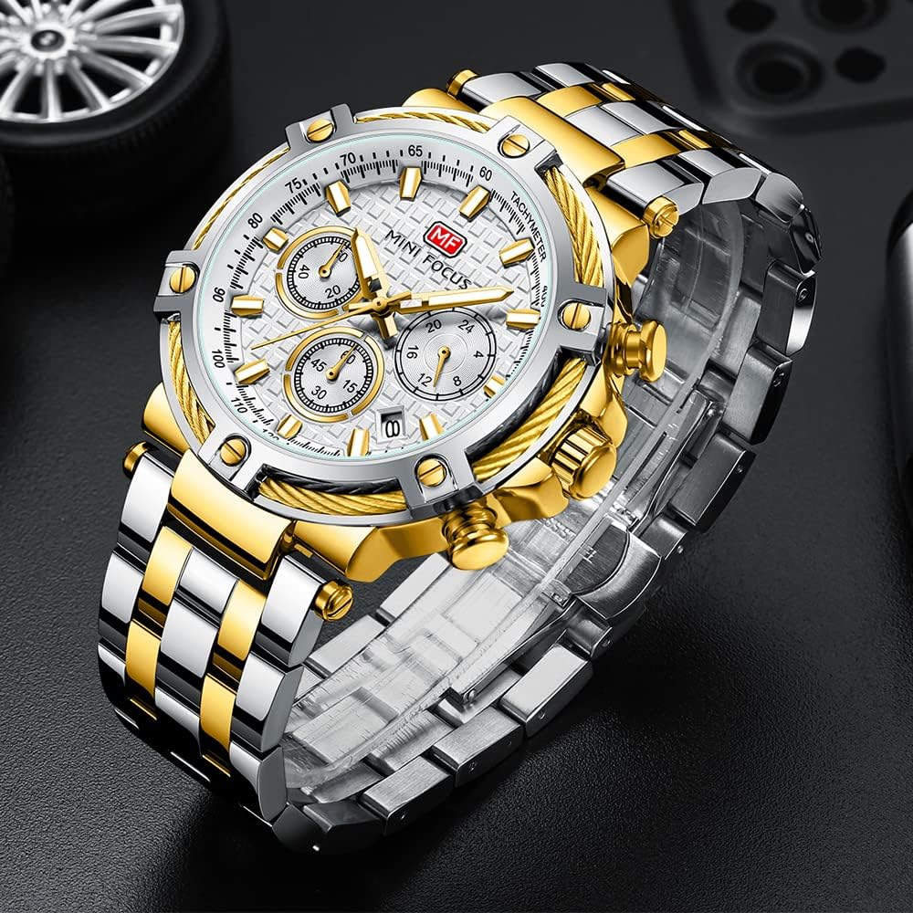 Business Men Watches (Chronograph/Waterproof/Luminous/Calendar/24 Hours) Big Face Stainless Steel Band Watches for Men