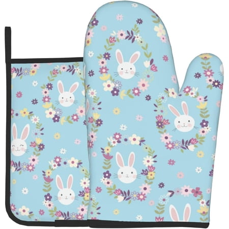 Oven Mitts and Pot Holders Sets of 2 Cute Bunny and Flowers Kitchen Potholder Gloves Heat Resistant Non-Slip for Chef Baking Cooking Grilling BBQ Mittens Kitchen Accessories Sets