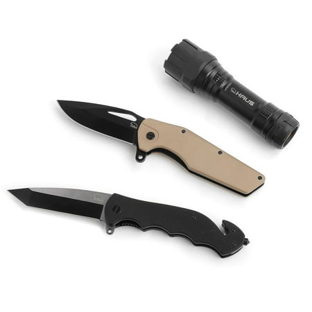 HAUS Folding Knife and Flashlight 3-Pc Set (Best Knife Flashlight Combo)