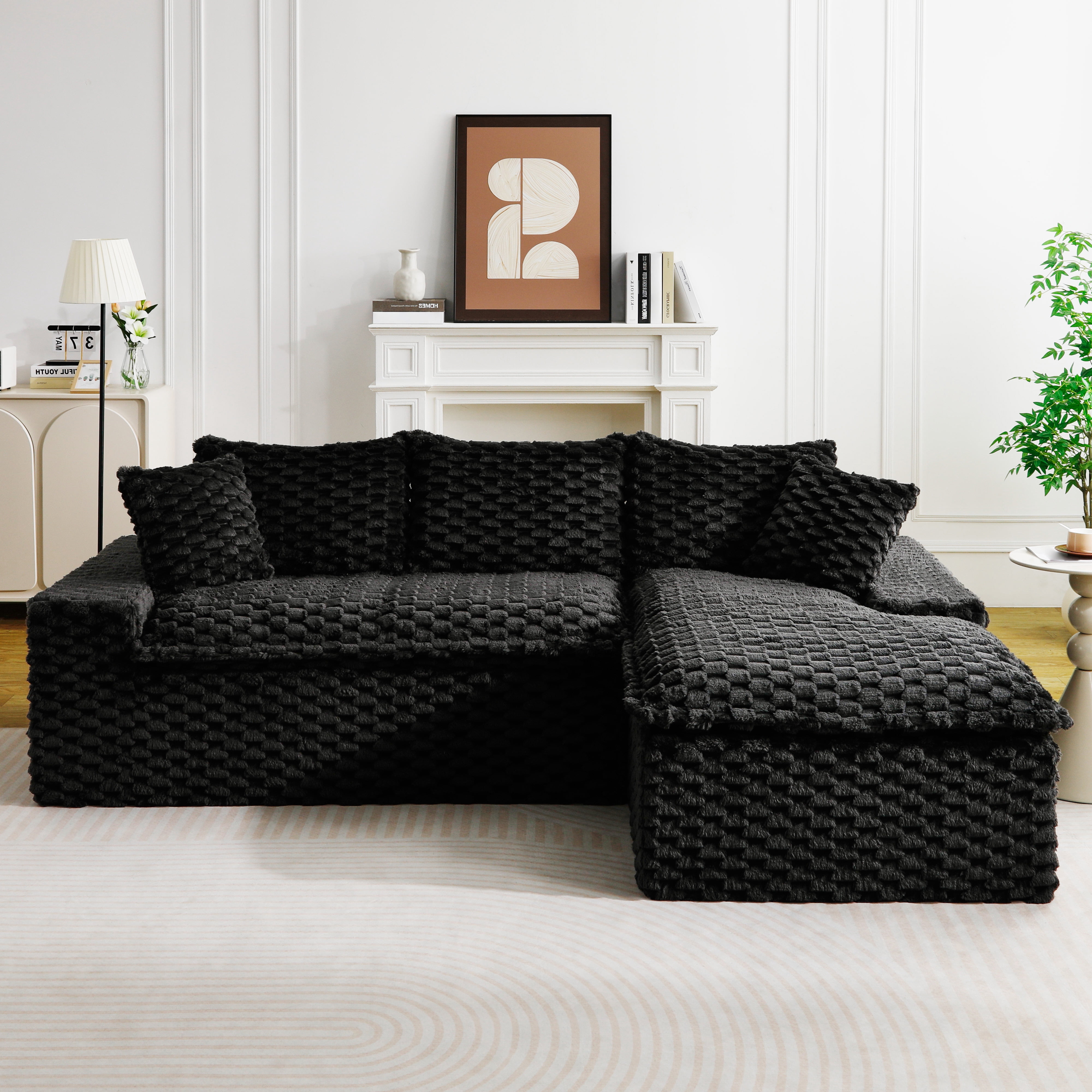 HOQBN 96"W Modular Sectional Sofa,L Shape Modern Corduroy Cloud Couch,Upholstered Deep Seat Boneless Sofa Couch with Right Chaise Lounge for Living Rooms,No Assembly Required,Black