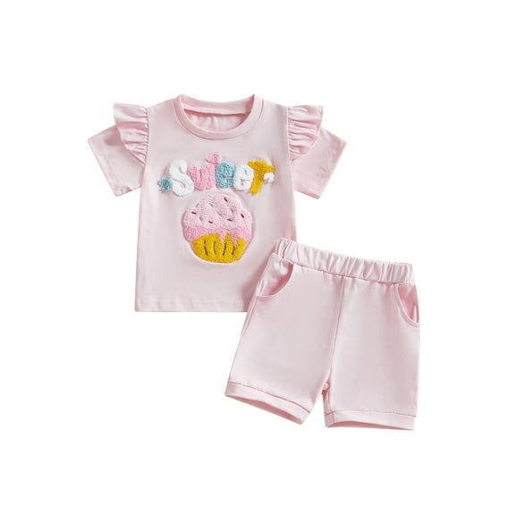 Toddler Baby Girls Summer Outfit 6 12 18 24 Months 2T 3T Colorful Letter Embroidery Ruffles Short Sleeve T-Shirt and Elastic Shorts Set Cute Clothes