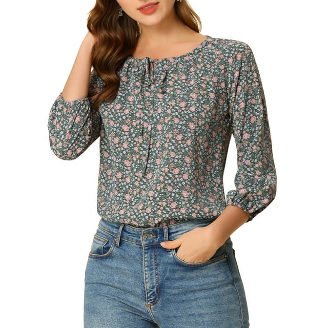 INSPIRE CHIC Haut pour Femme Manches 3/4 Col Rond Blouse d'Été à Fleurs S Vert Foncé