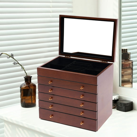 6 Layers Wooden Brown Large Jewelry Storage Box with Mirror Vintage Wooden Jewelry Organizer 11.81x7.95x11.41inch