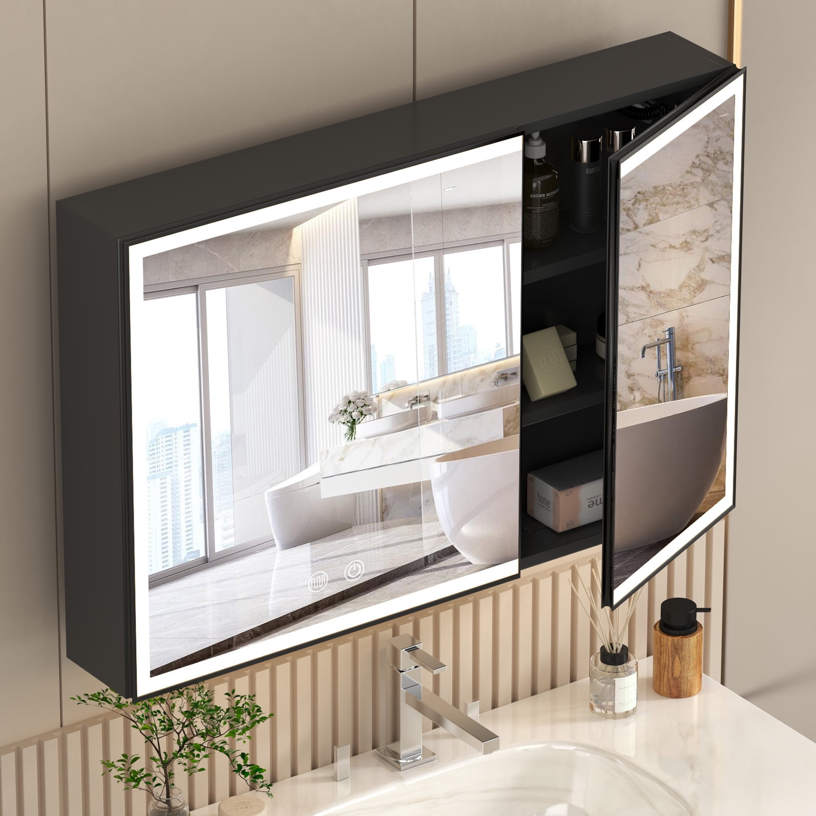 JBLCC LED Medicine Cabinet with Mirror, Wall-Mounted Bathroom Mirror Cabinet, Anti-Fog Touch Sensor Storage Organizer with 5 Shelves, 39.37"x23.62", Black