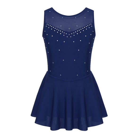Venjoe Kids Girls Glittery Rhinestones Figure Skating Dress Ballet Dance Leotard Dress Gymnastics Costume Navy Blue 10
