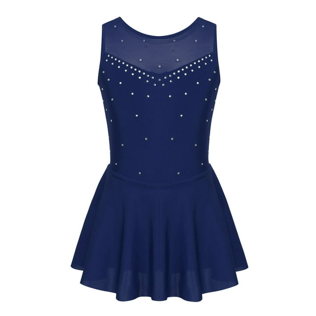 YiZYiF Robe de Patineuse pour Filles avec Strass et Sequins, Costume Scintillant Bleu Marine 16