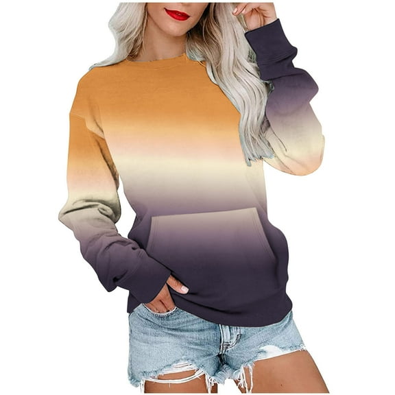 ShomPort Women Crewneck Gradient Color Sweatshirt Casual Fall Long Sleeve Shirt with Pocket