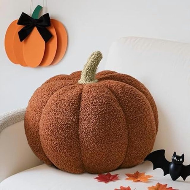 wonima44 Pumpkin Pillows, Halloween Pumpkin Shaped Throw Pillow, 3D Plush Fall Cushion, Soft Sherpa Fleece Decorative Pillow for Sofa, Bedroom, Living Room, Thanksgiving Gift (Brown, 11 Inch)