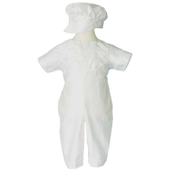 Boys White Silk Christening Baptism Outfit Set With Pin Tucking and Captains Hat (Baby)