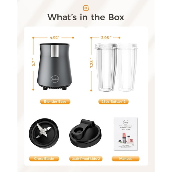 iCucina 500W Personal Blender, Space Gray - Smoothie & Shake Maker with 28oz Portable Cups