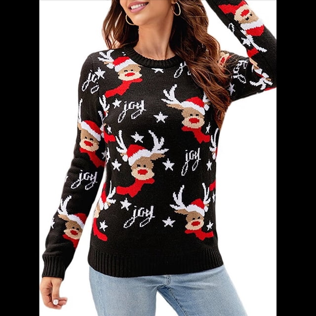 Suéter de Punto de Larga con Cuello Redondo para Mujer, Suéter Informal Grueso para Otoño e Invierno Negro M
