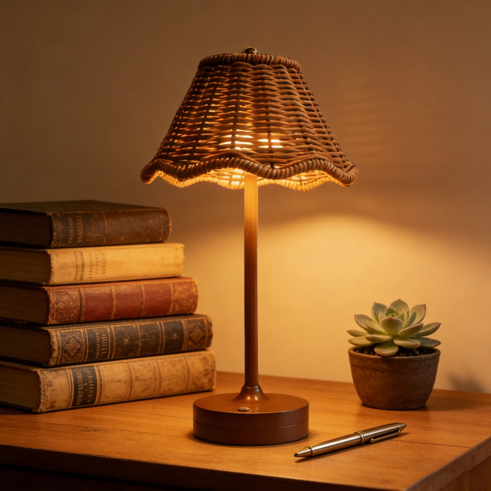Vintage Rattan LED Table Lamp, Rechargeable Touch Control Dimmable Bedside Light with Scalloped Woven Shade for Bedroom, Living Room, and Patio Ambiance