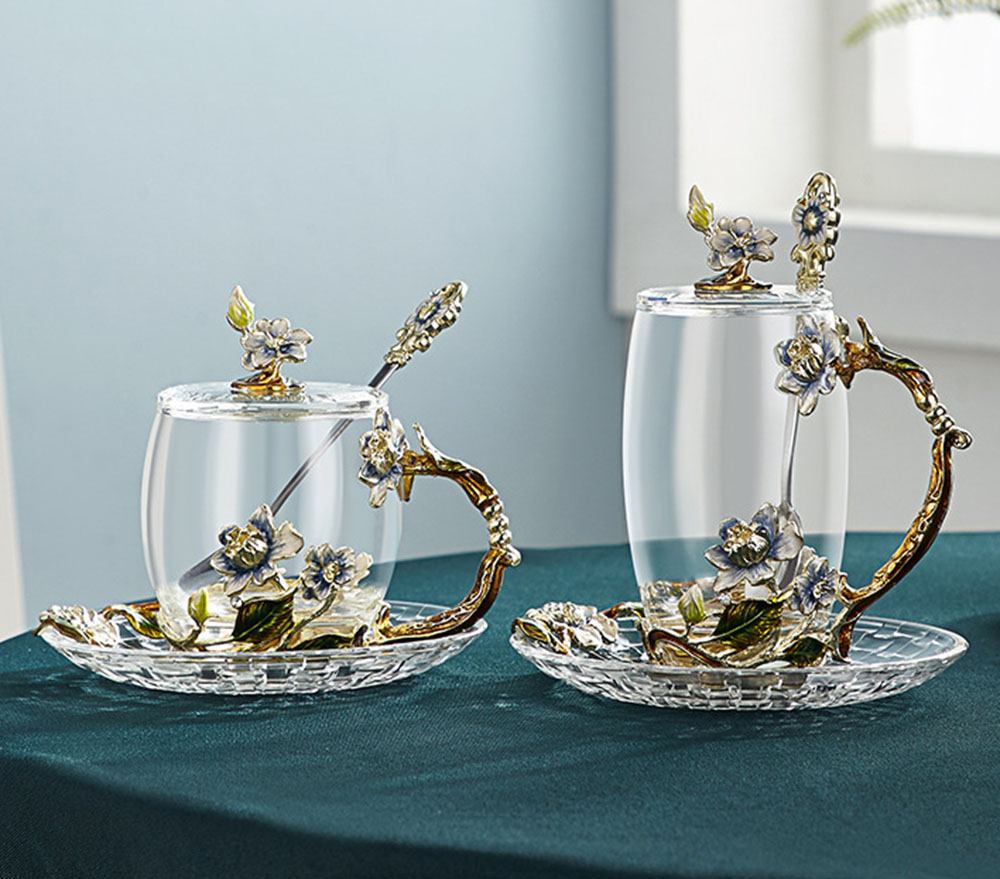 "Happyline" Two Tea Cup Glass Coffee Mugs,(12 oz,11oz), Pack of 2 Fancy