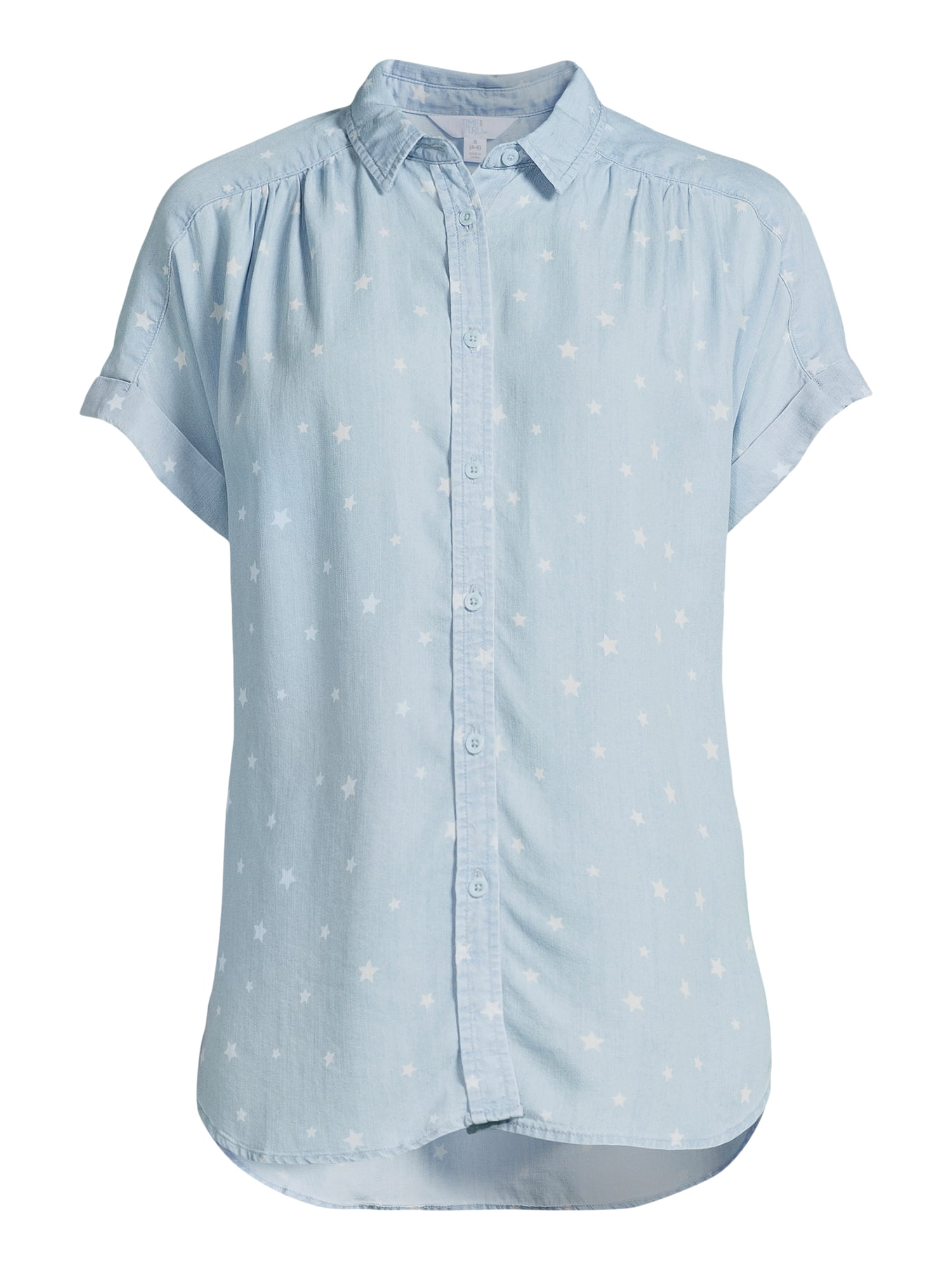 Time and Tru Women's Button Down Camp Shirt with Roll Cuff Sleeves, Sizes XS-XXXL