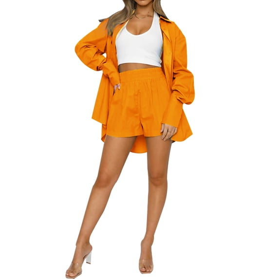 Qmyliery Women Tops Pants Suit, Long Sleeve Lapel Neck Solid Color Blouse High Waist Short Pants 2pcs Suit