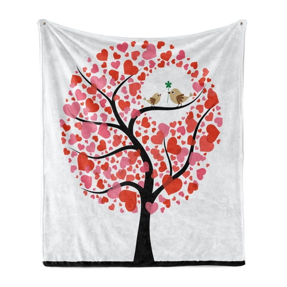 Animal Soft Flannel Fleece Blanket, Birds in Tree Flirting Greeting in the Nature Romance Relationship Season Print, Cozy Plush for Indoor and Outdoor Use, 50" x 70", Red White Black, by Ambesonne