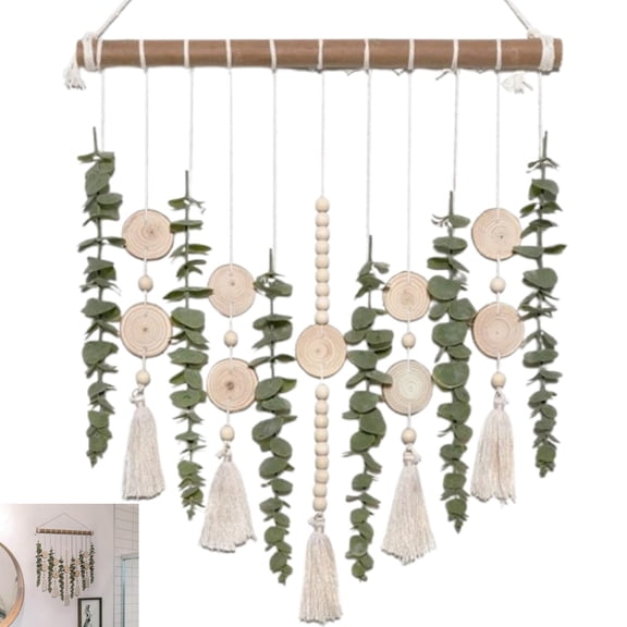 Artificial Hanging Eucalyptus, Wall Hanging Plants Decor, Wooden Beads Fake Eucalyptus Garland Wall Art,Boho Rustic Farmhouse Decor for Bathroom Bedroom Patio Living Room