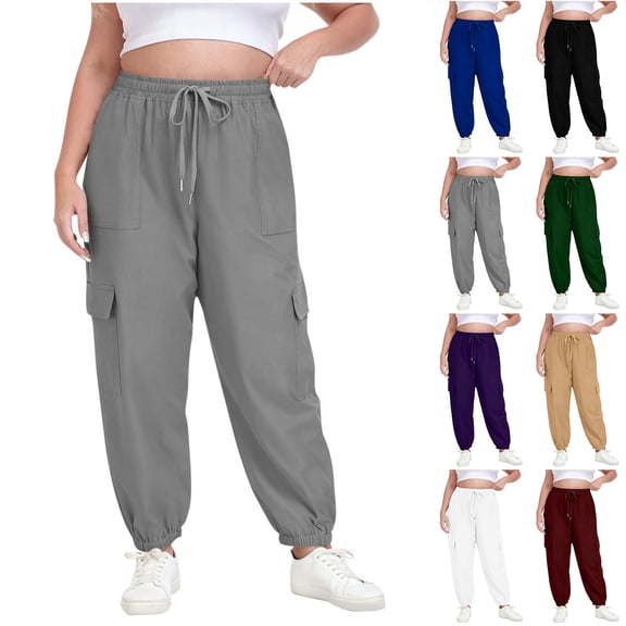 Bloomae Plus Size Cargo Pants for Women Adjustable Drawstring Elastic Waist Joggers Sweatpants Casual Loose Comfy Baggy Trousers with Pockets